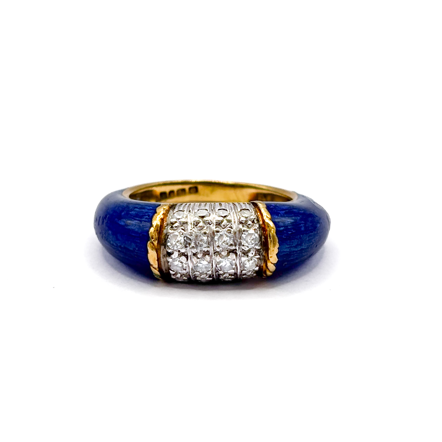 18 kt Yellow Gold Ring with Blue Enamel and Diamonds
