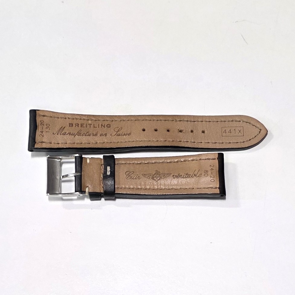 Breitling Strap in Black Leather, mm 24 x 20, with Original Signed Buckle - Image 2