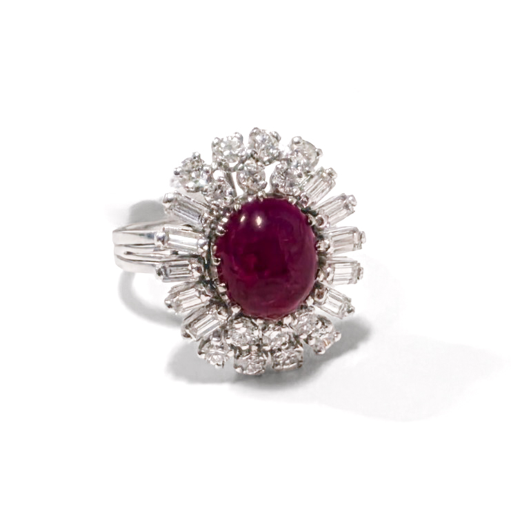 18 kt White Gold Ring with No Heat Burma Cabochon Ruby and Diamonds