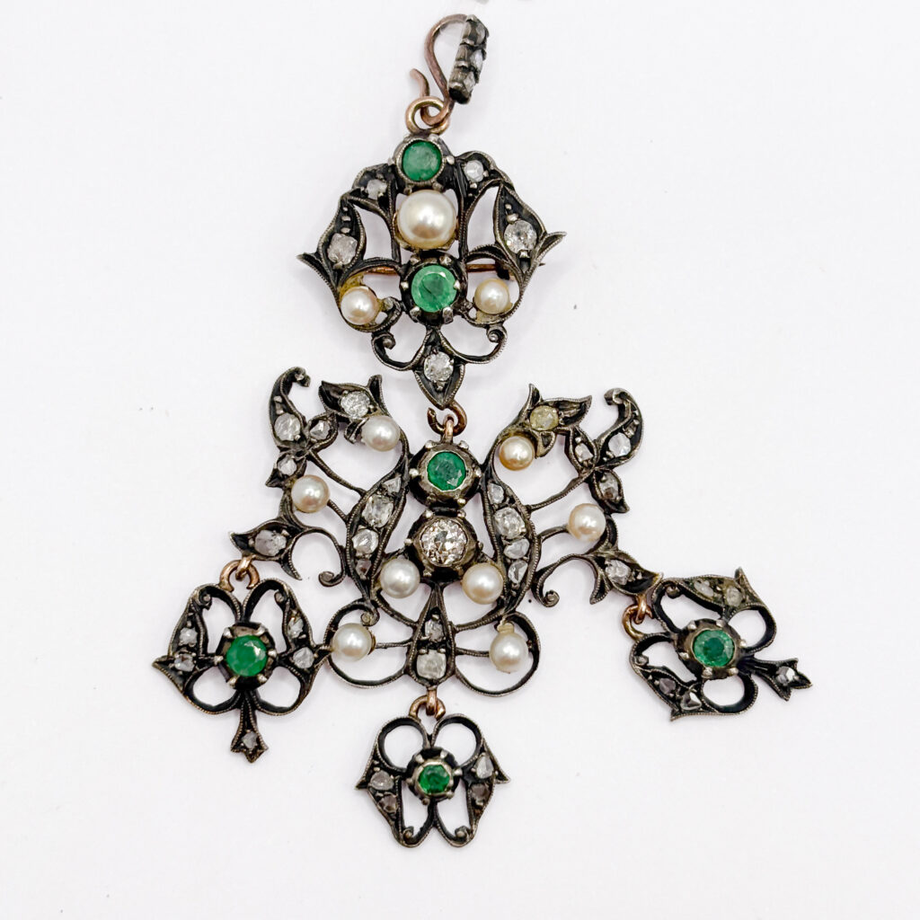 Vintage Pendant Brooch with Emeralds, Pearls and Diamonds