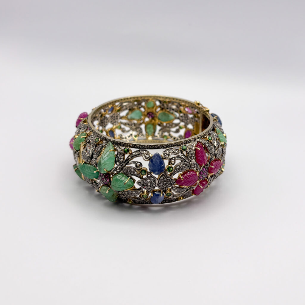 Rigid Floral Bracelet with Sapphires, Rubies, Emeralds and Diamonds