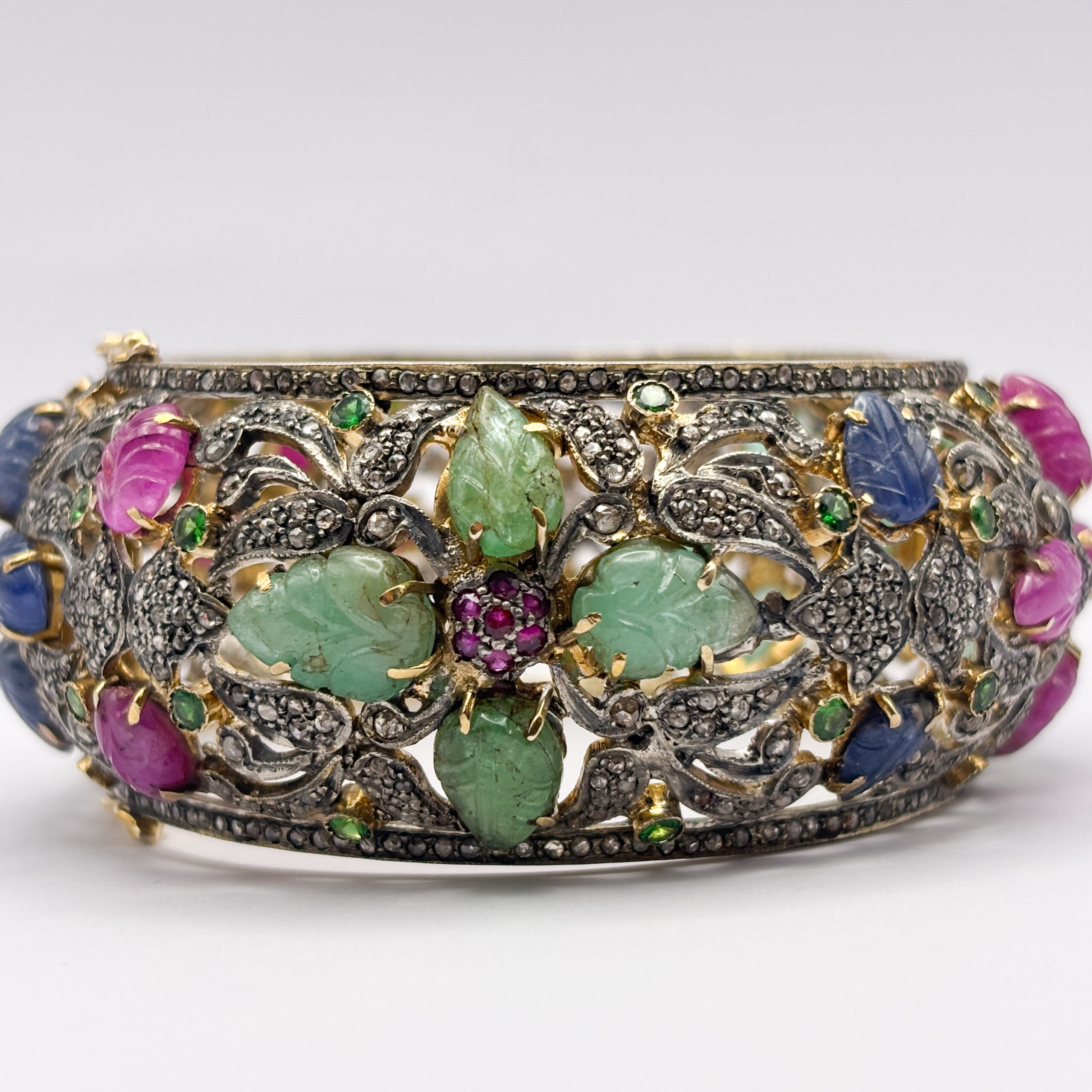 Rigid Floral Bracelet with Sapphires, Rubies, Emeralds and Diamonds - Image 2