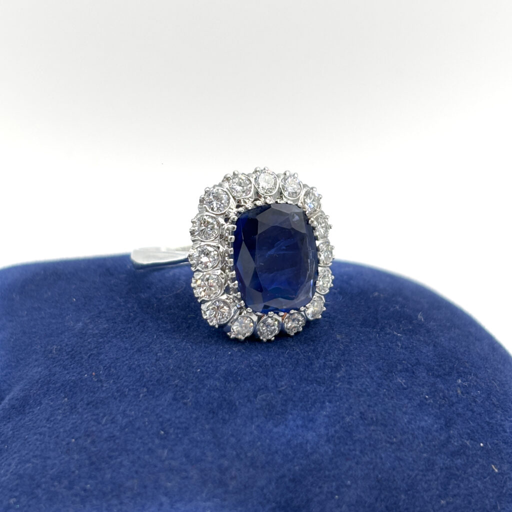 18kt White Gold Ring with No-Heat Burmese Sapphire and Diamonds