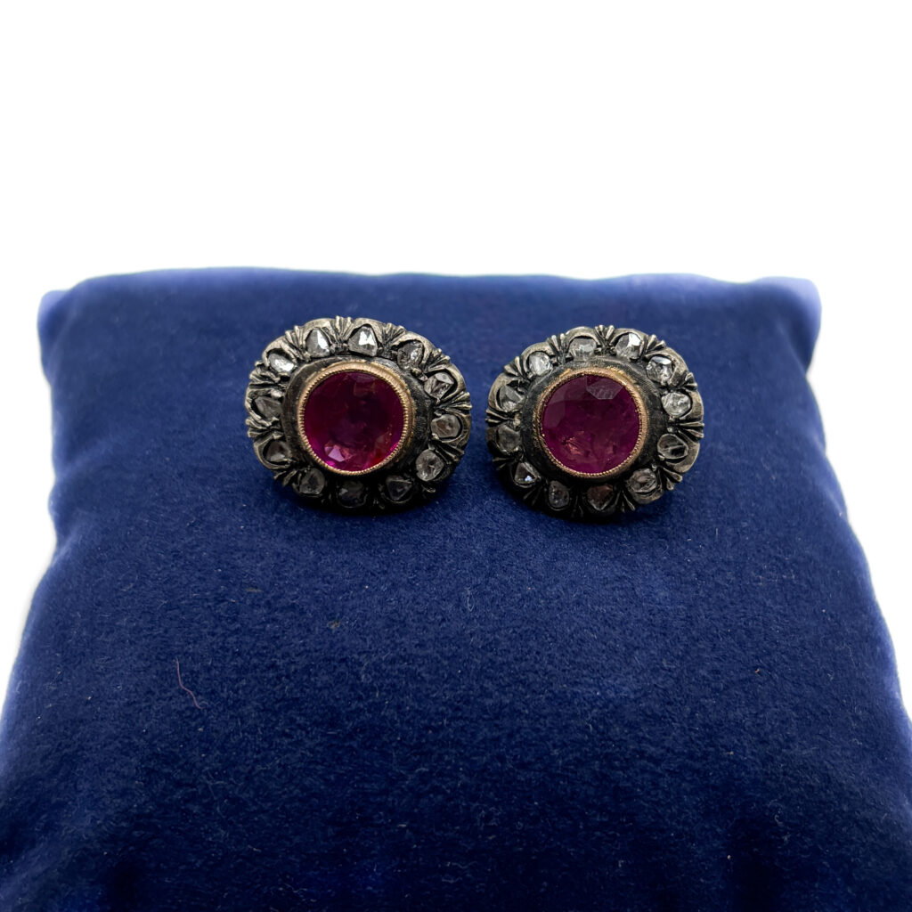 Vintage Earrings in 18 kt Rose Gold and Silver with No-Heat Burma Rubies and Diamonds
