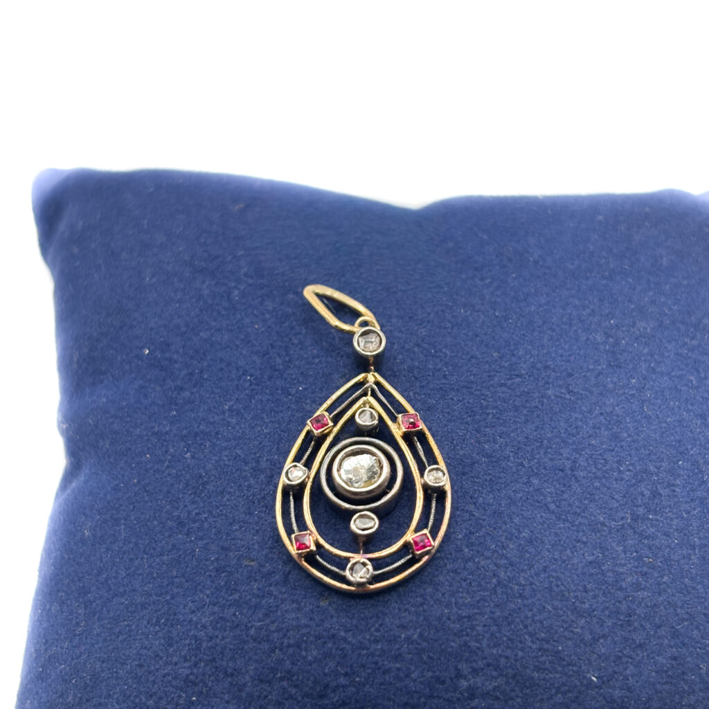 Period Pendant in 18 Kt Red Gold and Silver with Diamonds and Rubies