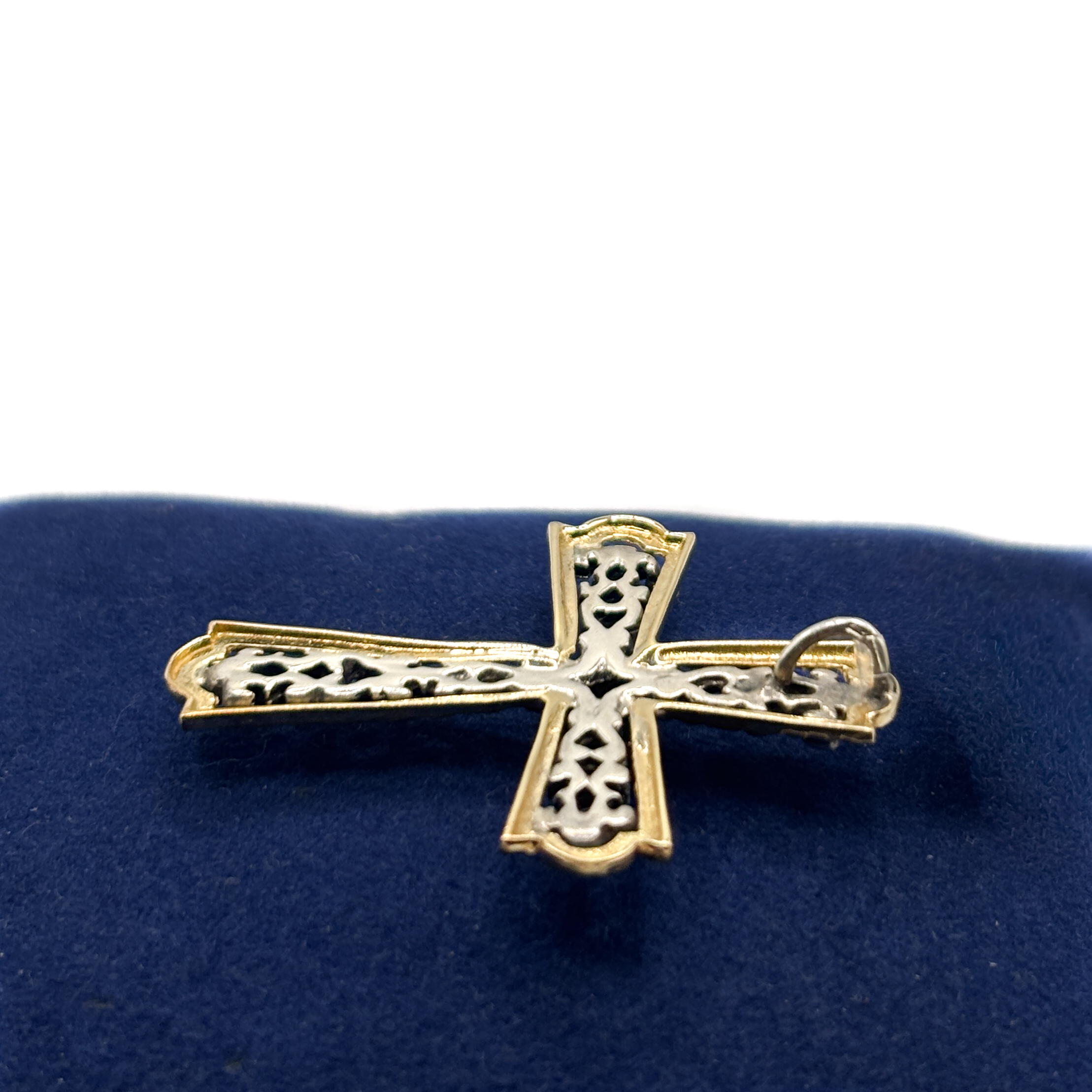 Vintage Cross Pendant in Yellow Gold Kt and 18 Kt White Gold with Emerald - Image 4