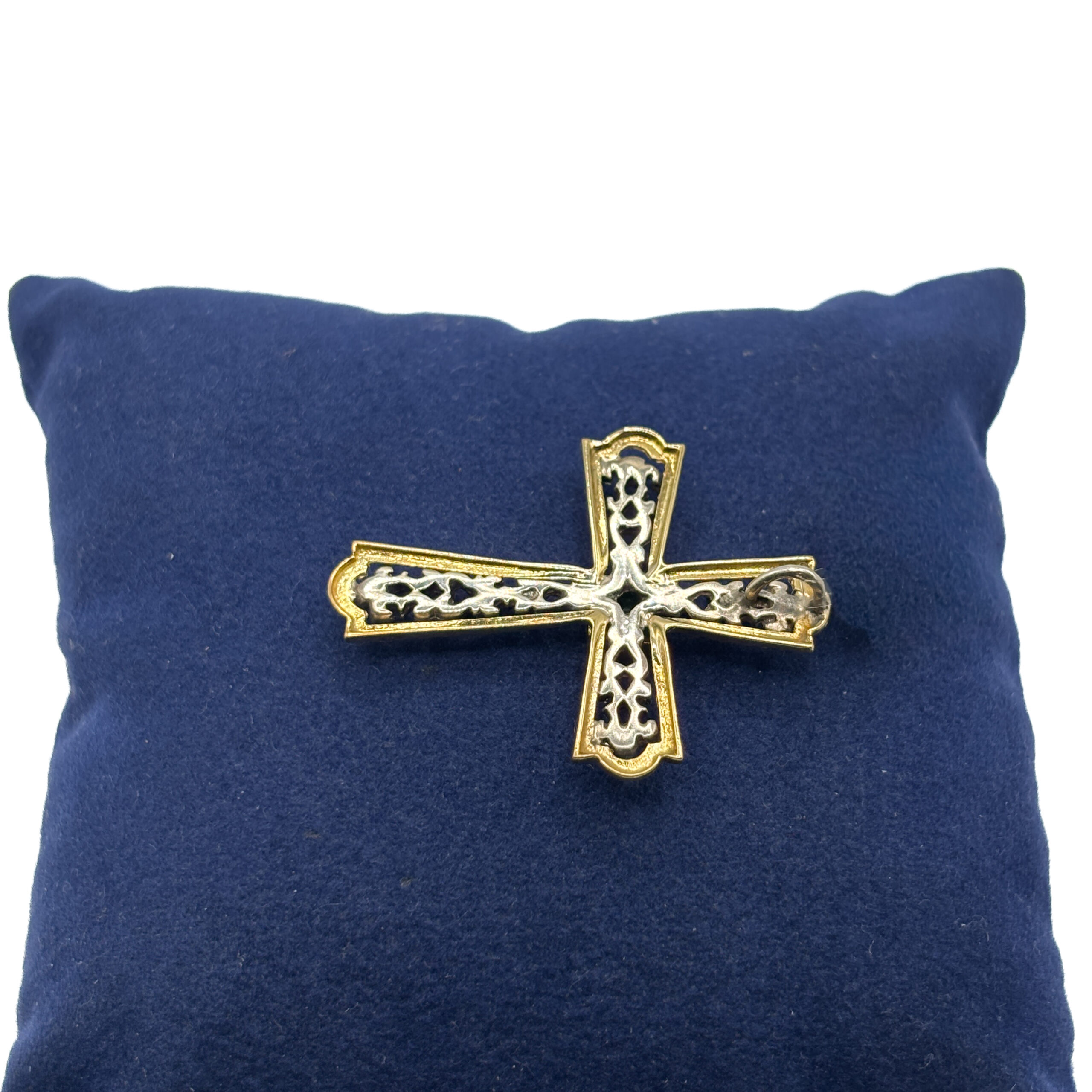 Vintage Cross Pendant in Yellow Gold Kt and 18 Kt White Gold with Emerald - Image 5
