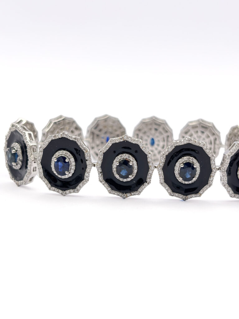 18kt White Gold Bracelet with Sapphires, Diamonds and Black Enamel