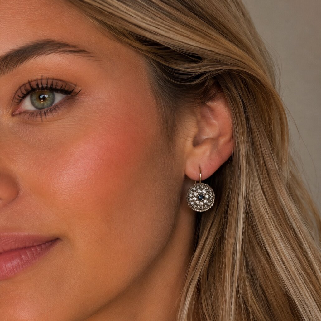 Vintage Earrings in 18 kt White Gold and Silver with Sapphire and Diamonds - Image 7